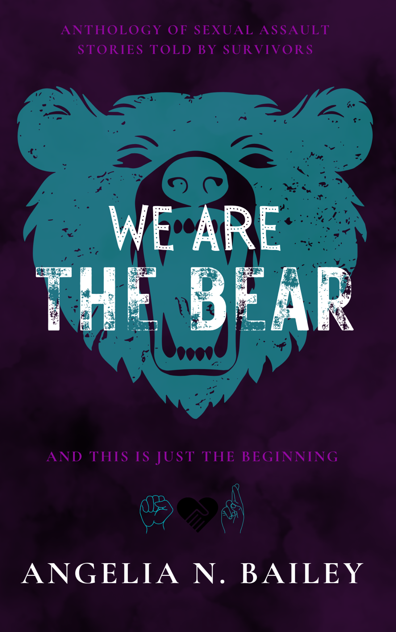 We Are The Bear anthology cover by Angelia N. Bailey, featuring a teal bear on a dark plum background
